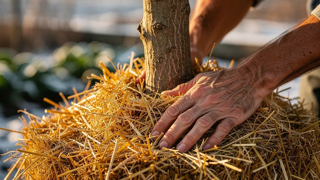 Base de limonero con gruesa capa de paja dorada como protección invernal