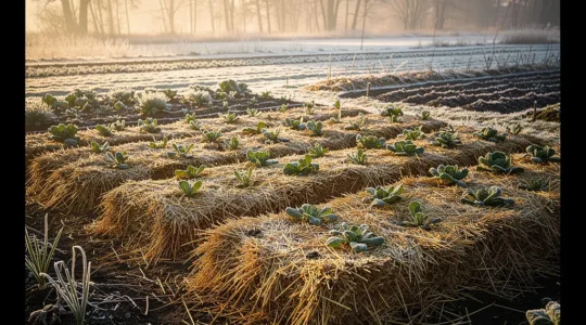 Capa de paja dorada protegiendo las raíces de plantas en un huerto invernal