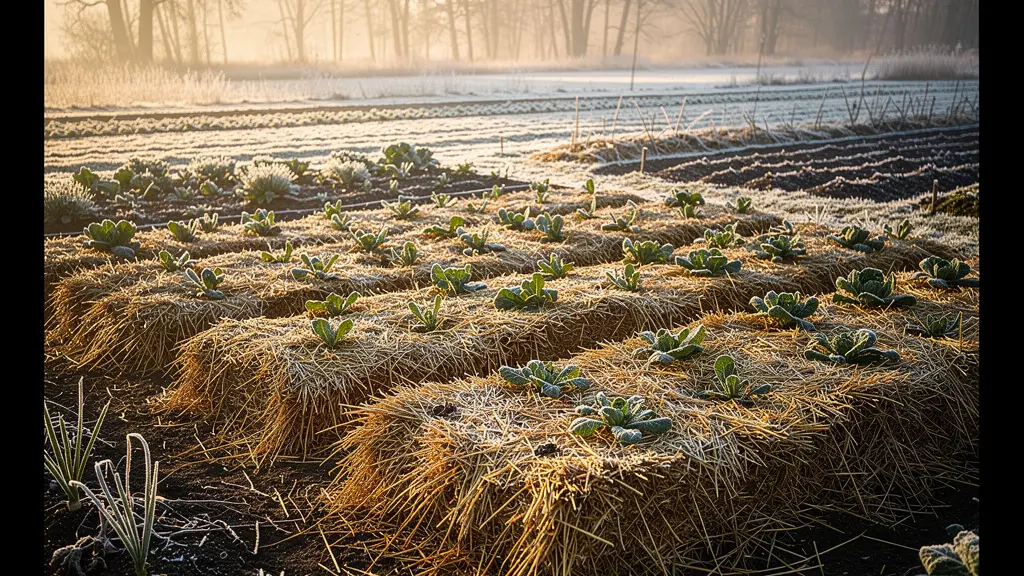 Capa de paja dorada protegiendo las raíces de plantas en un huerto invernal