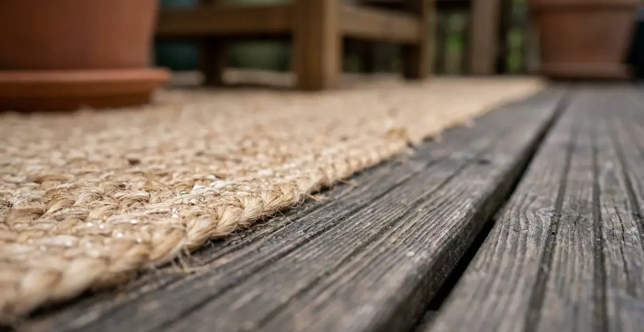 Alfombra de exterior anclando zona de estar con muebles apoyados en sus bordes