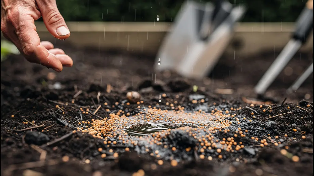 Suelo de jardín húmedo con gránulos de fertilizante parcialmente disueltos bajo gotas de lluvia suave