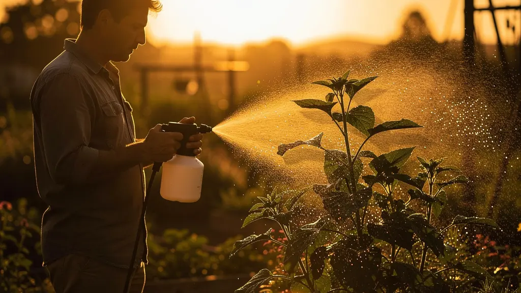 Primer plano de gotas de fertilizante foliar sobre hoja verde mostrando los estomas abiertos
