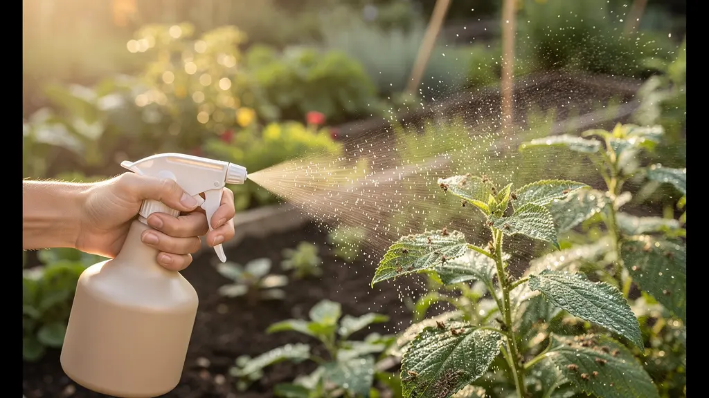 Pulverización de jabón potásico sobre hojas con pulgones en jardín