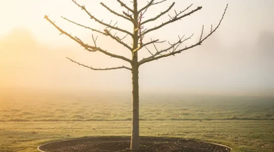 Árbol joven mostrando las ramas principales bien espaciadas y la estructura correcta de formación tras poda