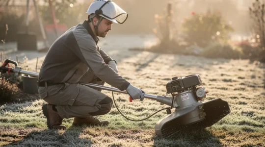 Técnico arrancando desbrozadora de gasolina en ambiente frío con técnica profesional