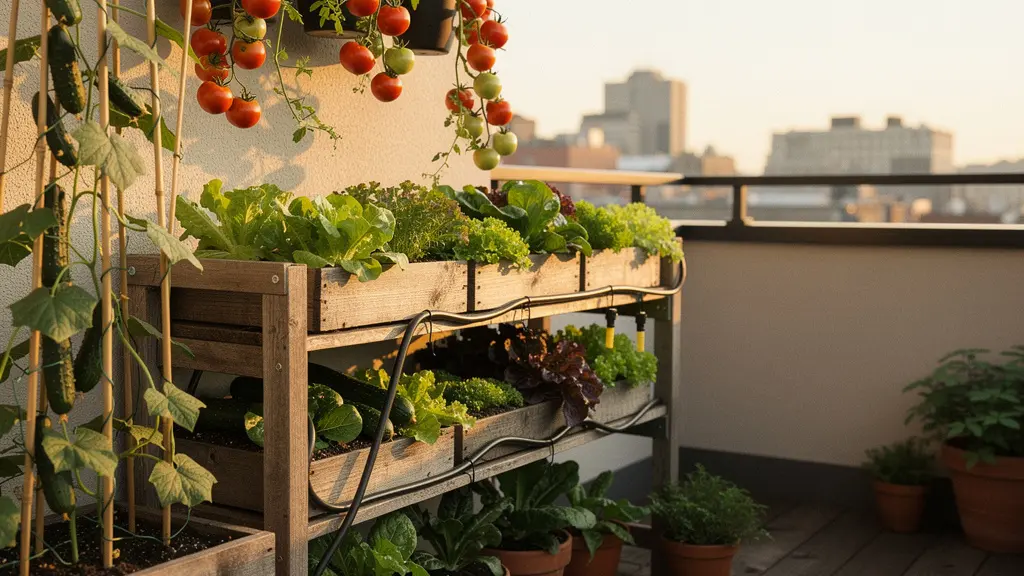 Balcón urbano con múltiples niveles de cultivo vertical mostrando tomates, pepinos y lechugas
