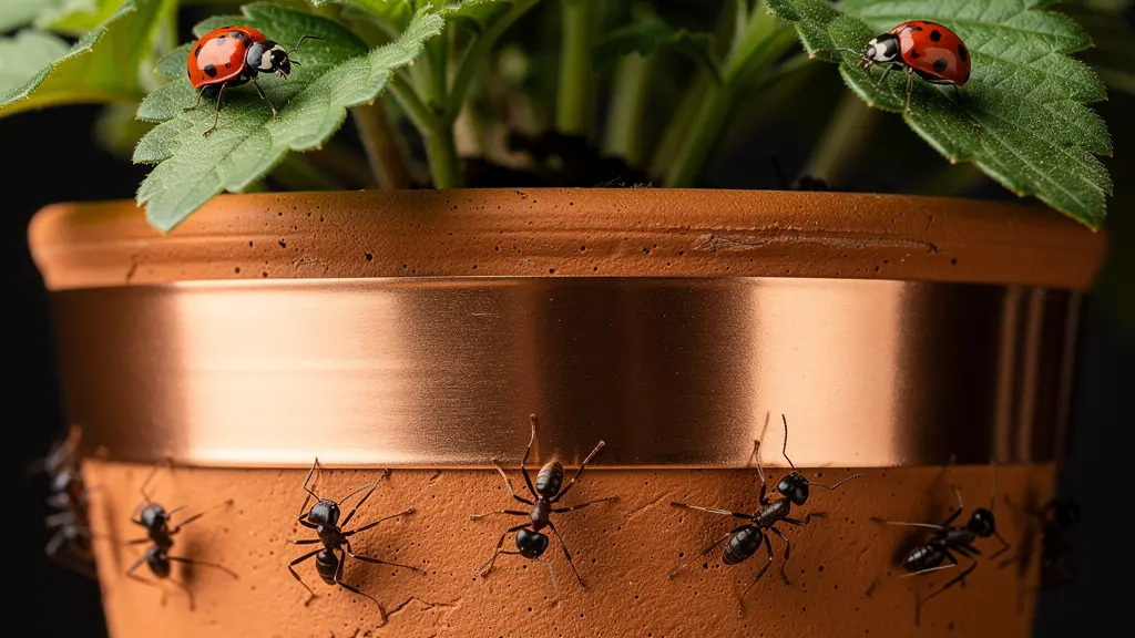 Detalle de cinta de cobre instalada alrededor de una maceta para proteger a las mariquitas de las hormigas