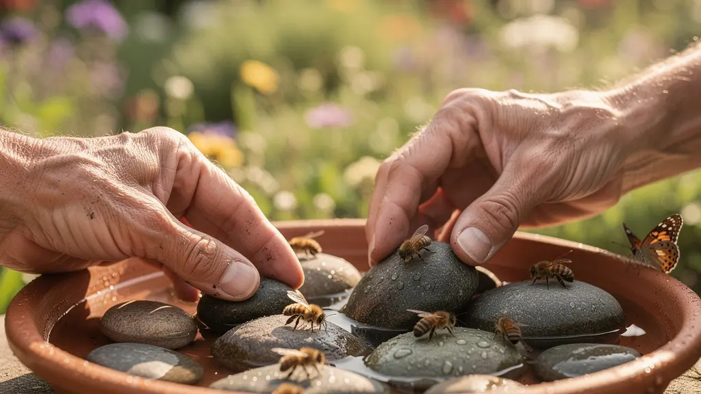 Bebedero para insectos con piedras y agua cristalina donde beben abejas y mariposas