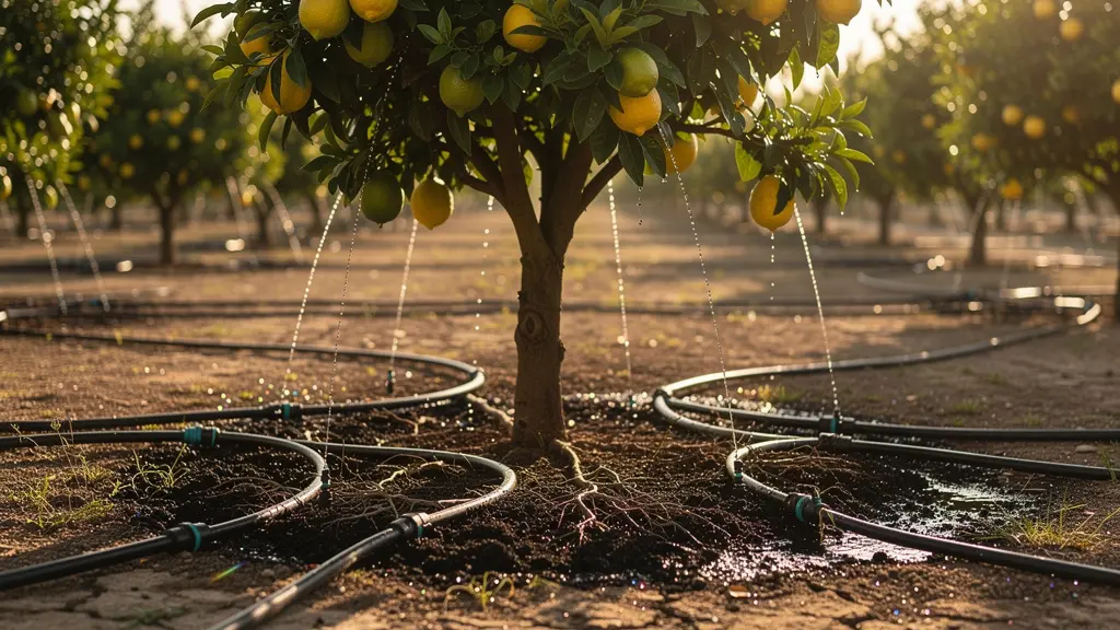 Sistema de fertirrigación por goteo en la base de un limonero, simbolizando la aplicación precisa de potasio para el engorde del fruto.