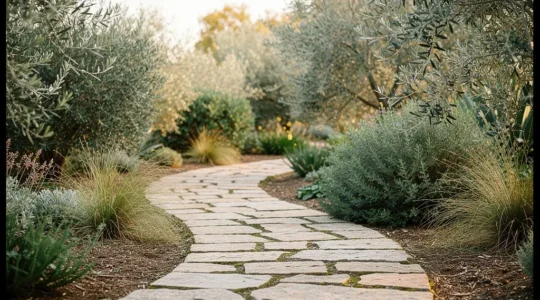 Sendero curvo de piedras naturales entre vegetación exuberante en jardín mediterráneo