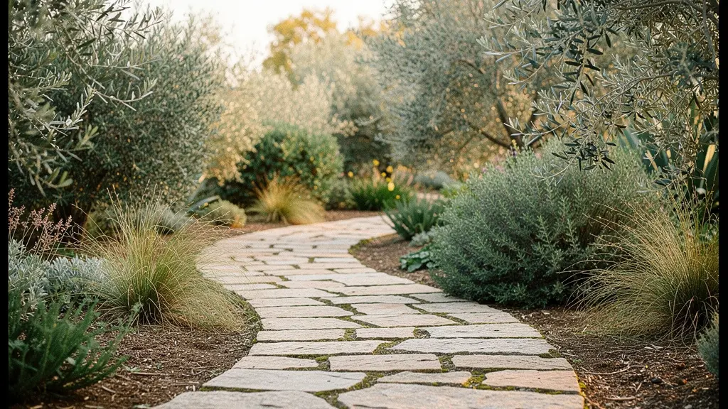 Sendero curvo de piedras naturales entre vegetación exuberante en jardín mediterráneo