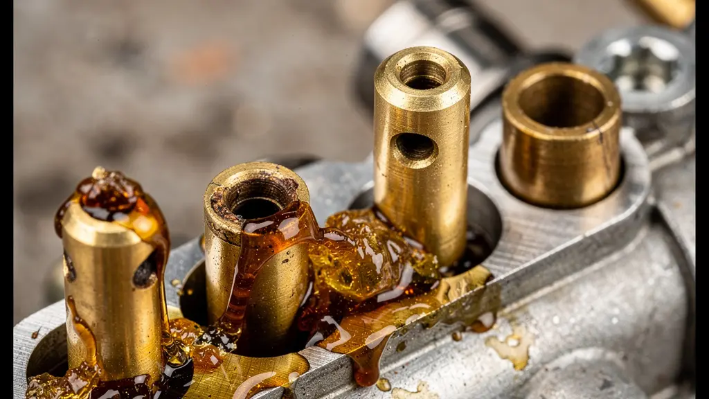 Vista macro de carburador con residuos de barniz por combustible degradado