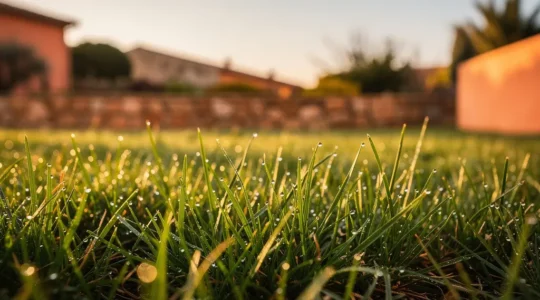 Césped alto de 8 cm proyectando sombra sobre sus raíces bajo el sol de verano