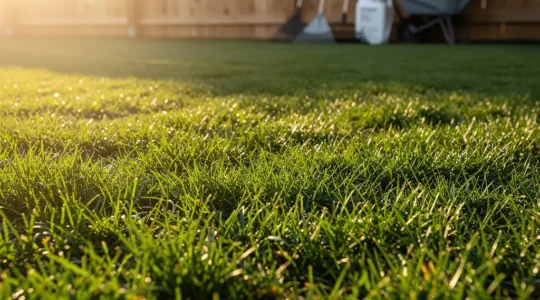 Césped verde denso y uniforme en jardín con herramientas de mantenimiento