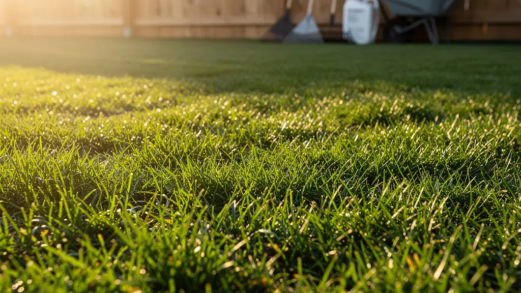 Césped verde denso y uniforme en jardín con herramientas de mantenimiento