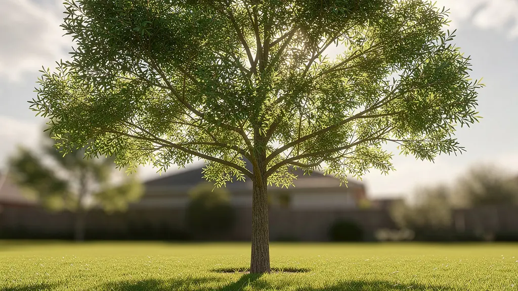 Vista amplia de árbol con copa clareada permitiendo paso de luz al césped inferior