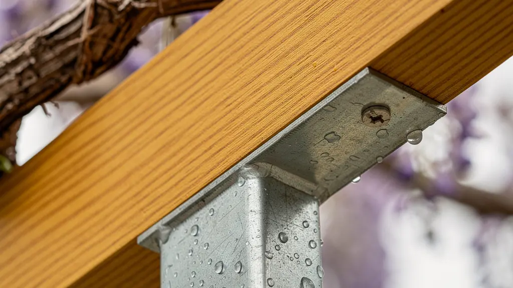 Detalle macro de unión entre viga de madera laminada y soporte de acero en pérgola