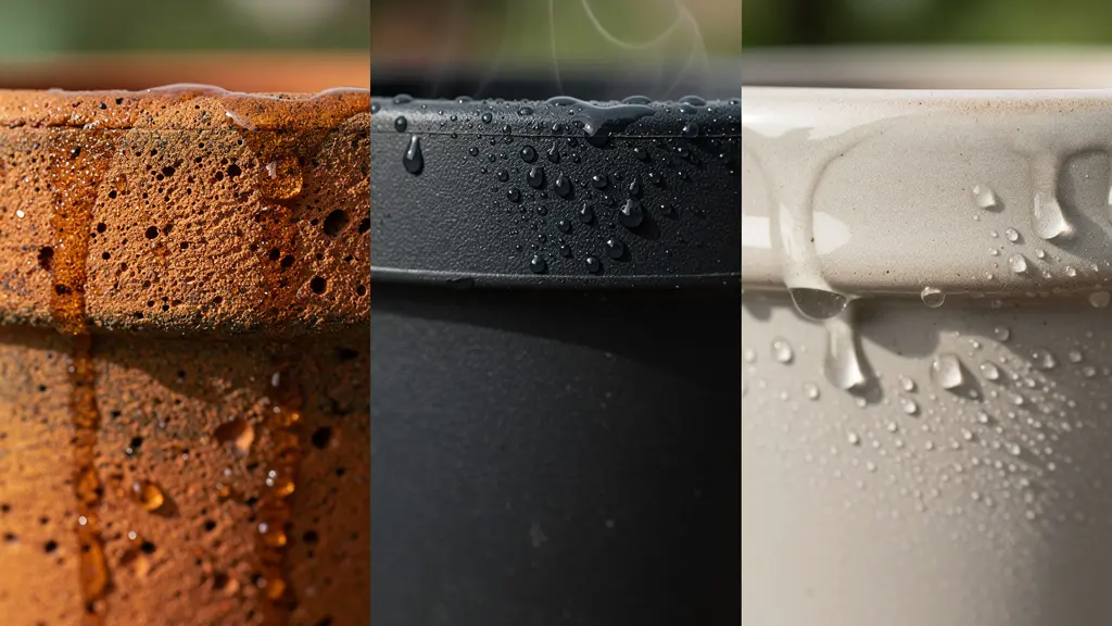 Detalle macro de tres macetas de diferentes materiales mostrando condensación y texturas