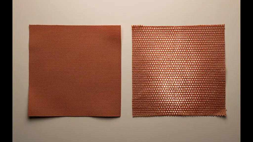 Dos muestras de tejido para toldos comparando acrílico sólido y microperforado con luz atravesando