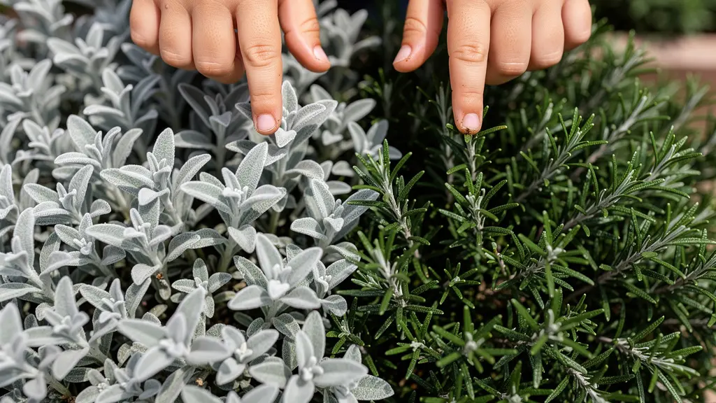 Manos infantiles tocando simultáneamente hojas aterciopeladas de Stachys y ramas ásperas de romero