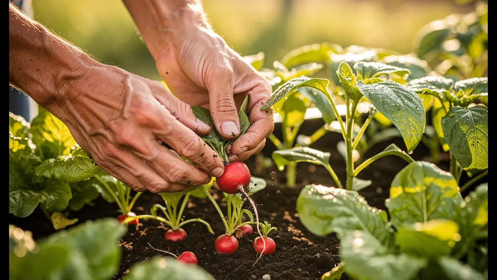 Detalle cercano de rábanos y lechugas jóvenes creciendo entre plantas de pimiento más grandes