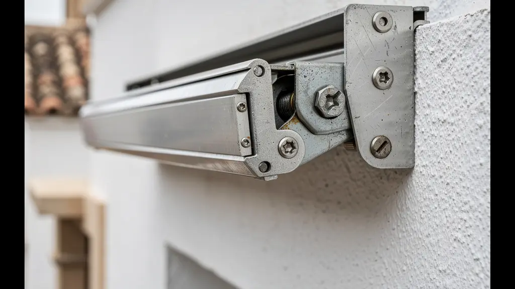 Detalle del cajón de aluminio de un toldo cofre en fachada residencial