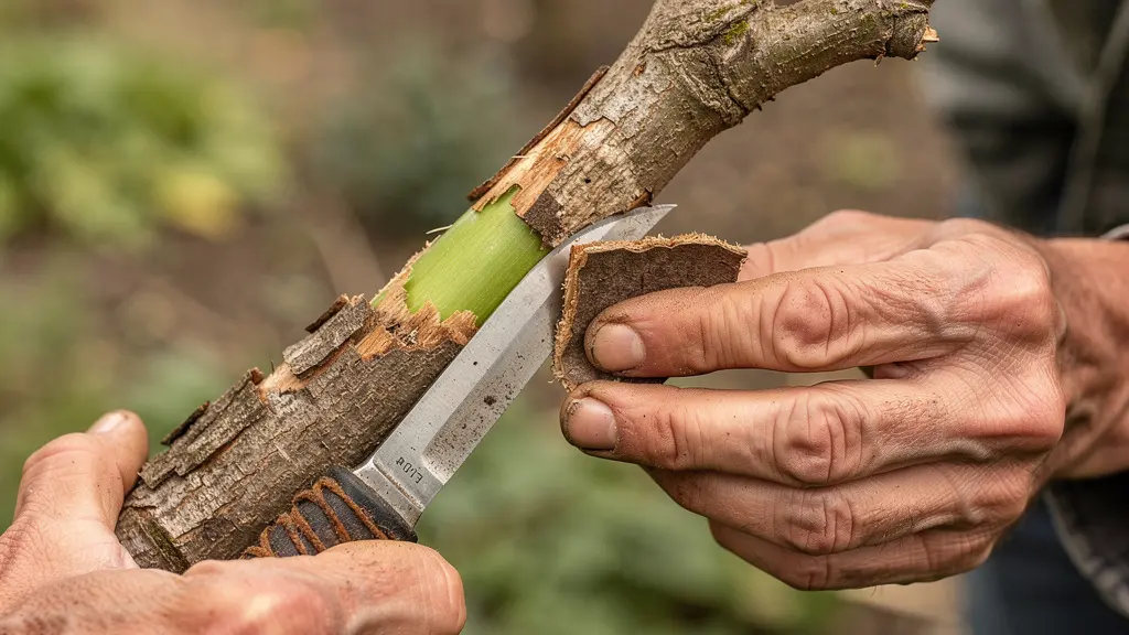 Manos realizando una prueba de raspado en una rama para revelar el cambium verde bajo la corteza