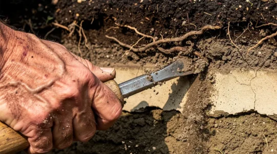 Prueba de compactación del suelo en jardín con herramienta de penetración mostrando capas del terreno
