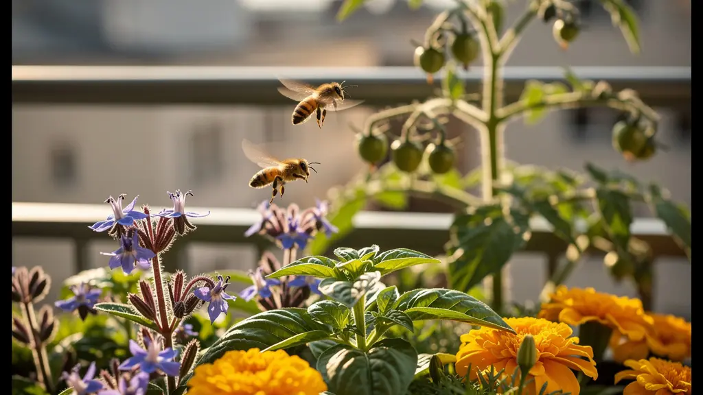 Balcón con plantas aromáticas en flor atrayendo insectos polinizadores