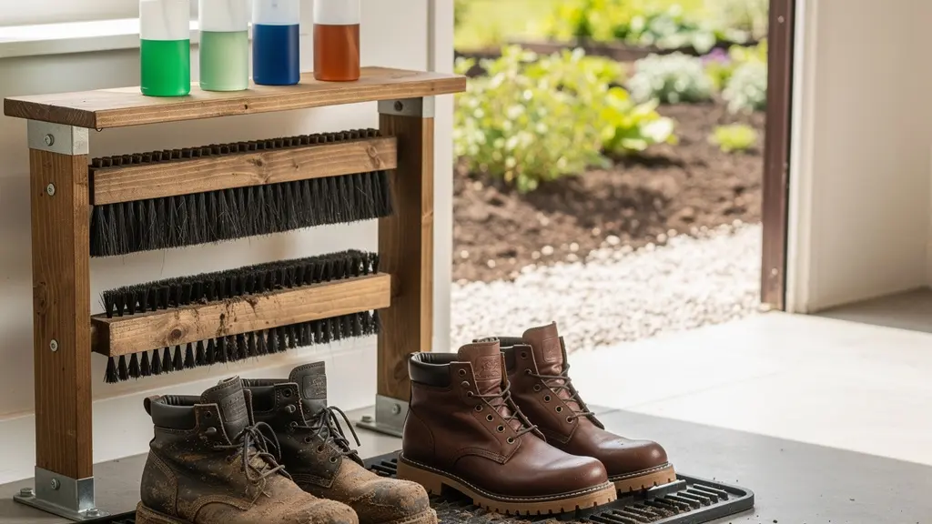 Estación de desinfección de botas de jardinería con cepillos y pulverizadores