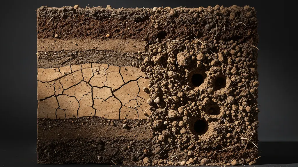 Detalle de la estructura del suelo arcilloso con agregados formados por yeso y humus