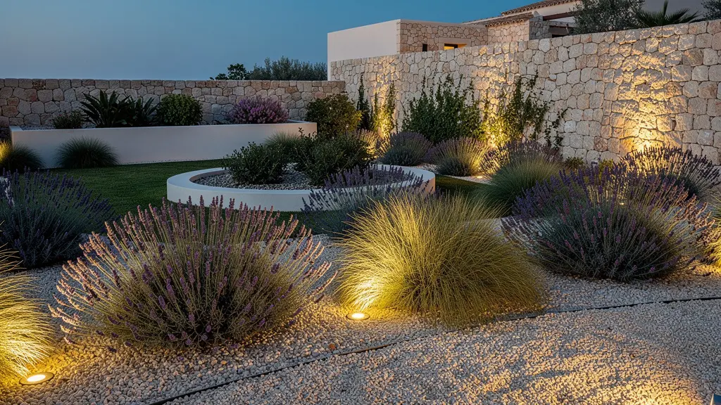 Focos de jardín perfectamente ocultos entre vegetación baja y grava
