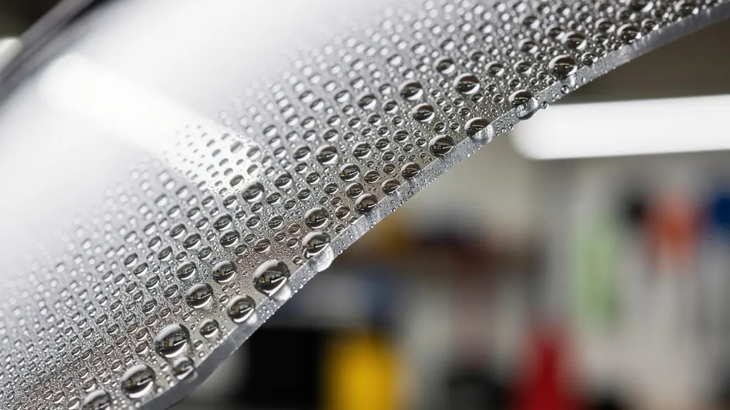 Detalle macro de gotas de condensación en lente de protección con tratamiento antivaho