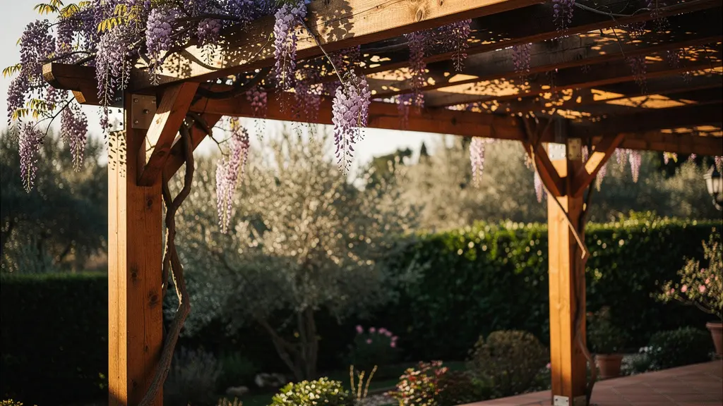 Estructura de pérgola resistente con glicinia adulta florecida en jardín mediterráneo