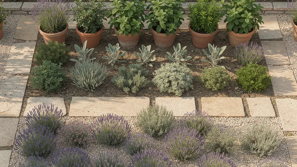 Vista aérea de jardín aromático organizado en tres zonas de riego diferenciadas con borduras naturales