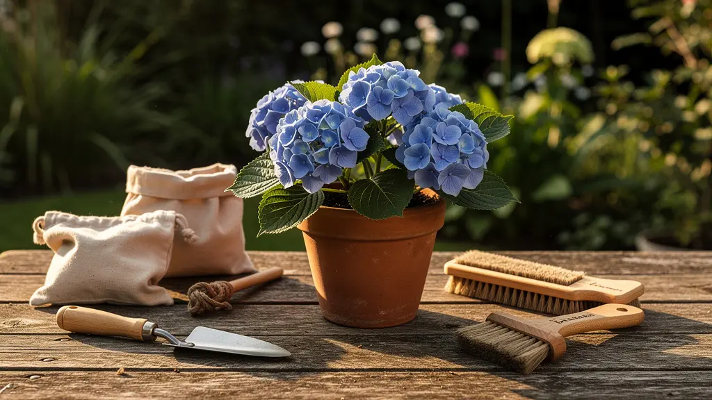 Hortensia azul cultivada en maceta grande con sustrato ácido controlado