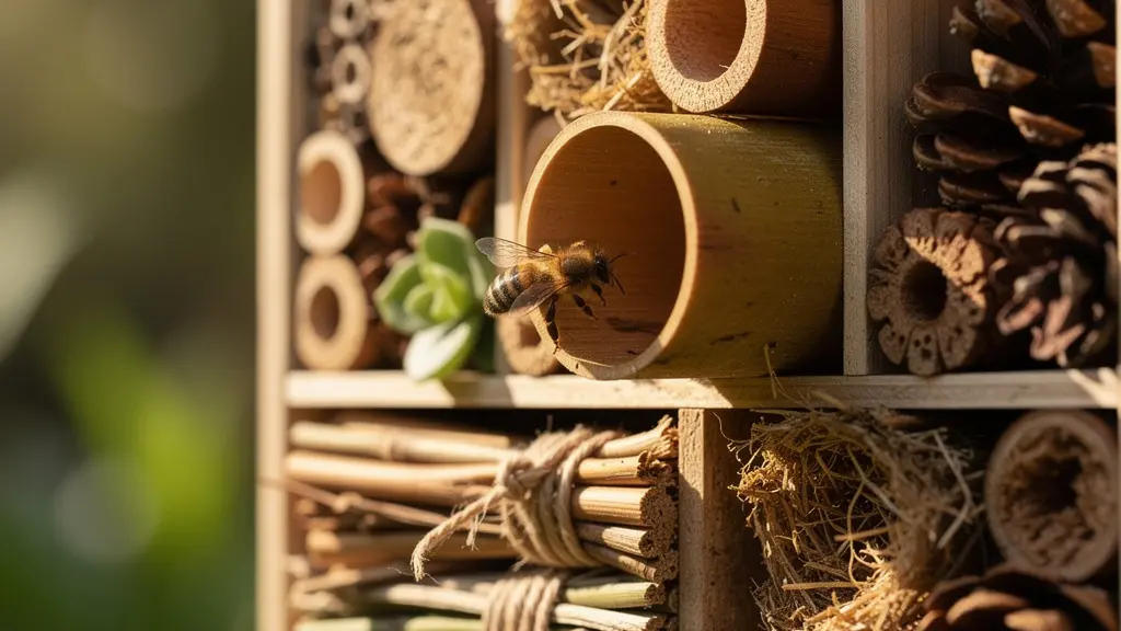 Primer plano de hotel de insectos con diferentes materiales naturales organizados en compartimentos