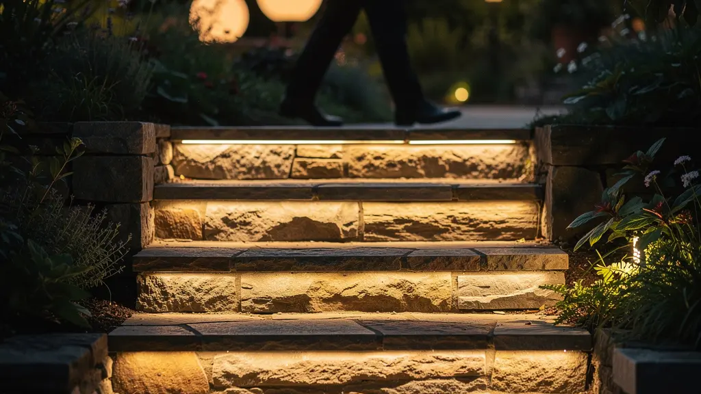 Escalones de piedra iluminados sutilmente desde abajo en jardín nocturno