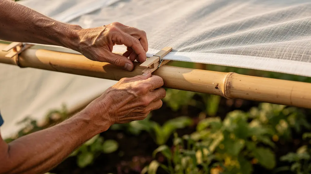 Instalación casera de malla de sombreo usando bambú y tela sobre plantas del jardín