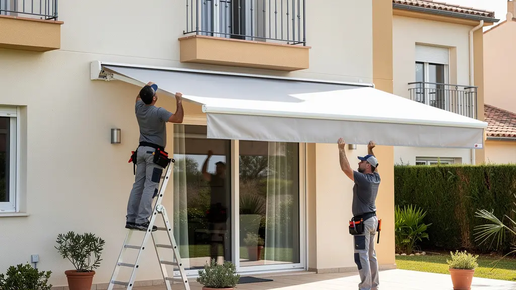 Dos técnicos instalando un toldo cofre de gran formato en fachada residencial