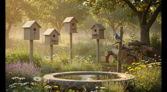 Jardín ecológico con cajas nido y pájaros insectívoros controlando plagas de forma natural