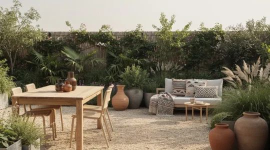 Jardín armonioso con mezcla equilibrada de estilos decorativos, mostrando zonas diferenciadas pero cohesivas