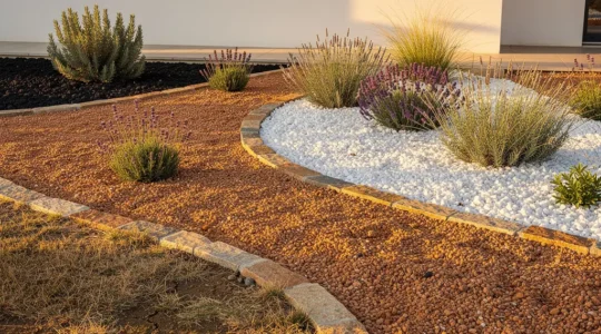 Jardín elegante con grava decorativa y plantas mediterráneas resistentes a la sequía