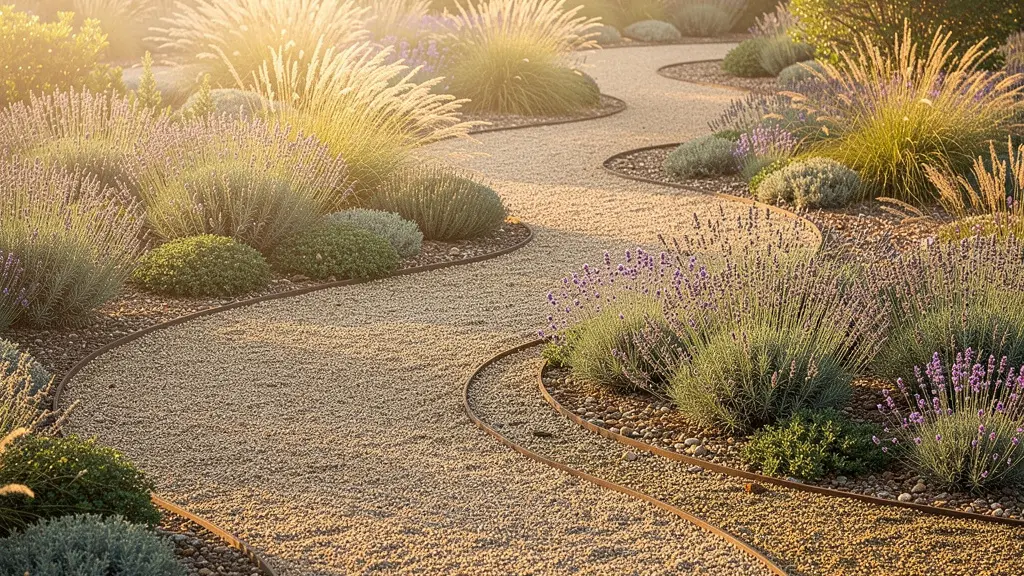 Jardín de grava con senderos sinuosos y agrupaciones de plantas mediterráneas