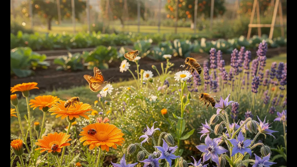 Vista de un jardín ecológico con variedad de flores coloridas y insectos polinizadores