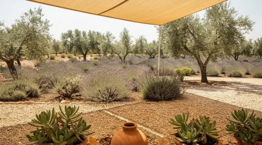 Jardín mediterráneo con plantas resistentes bajo un sol intenso y sistemas de protección contra la sequía
