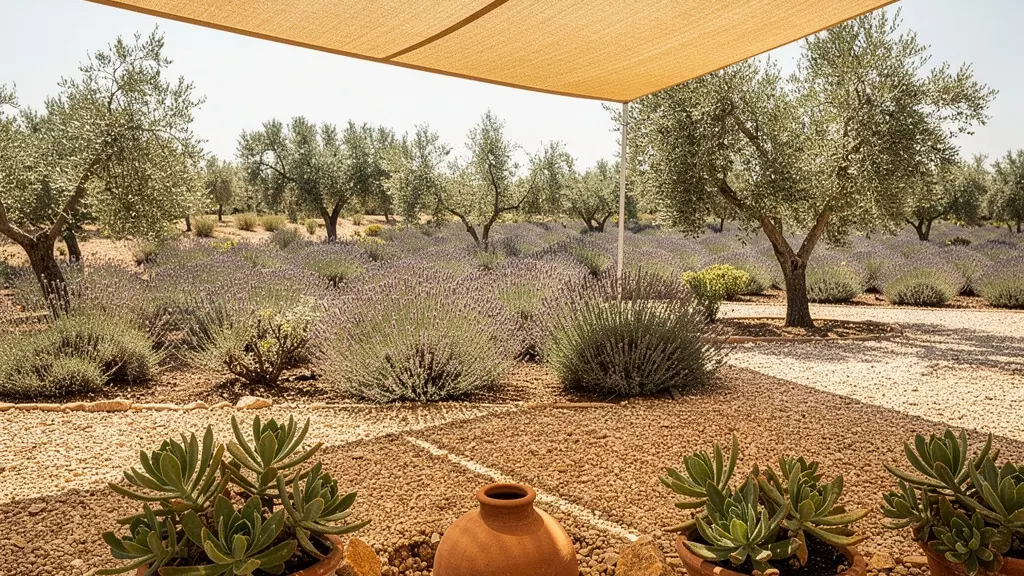 Jardín mediterráneo con plantas resistentes bajo un sol intenso y sistemas de protección contra la sequía