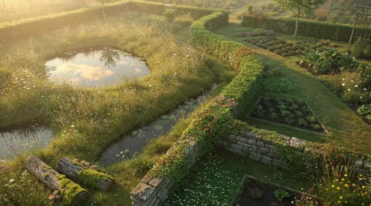 Vista aérea de un jardín con zonas naturales y silvestres mezcladas con elementos cultivados