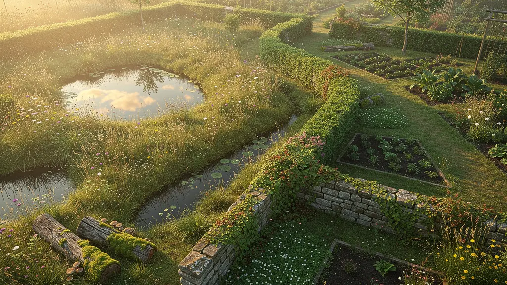Vista aérea de un jardín con zonas naturales y silvestres mezcladas con elementos cultivados