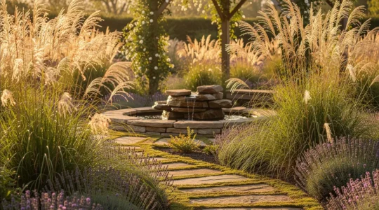 Jardín terapéutico con sendero de piedras, lavanda y fuente de agua rodeado de gramíneas altas